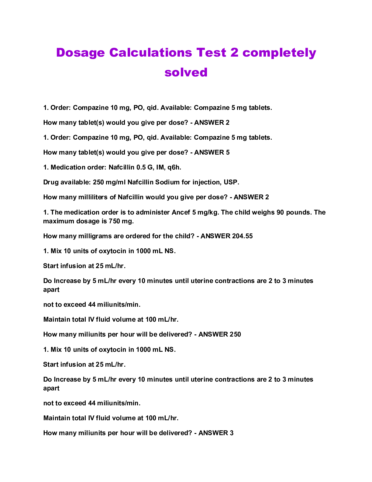 Preview image for Dosage Calculations Test 2 completely solved